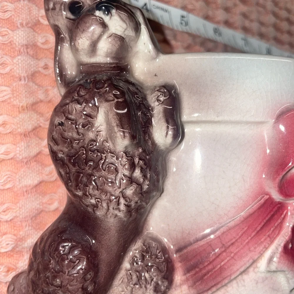 Dusty lilac poodle vintage 1940s 50s ceramic McCoy planter pink bow MCM